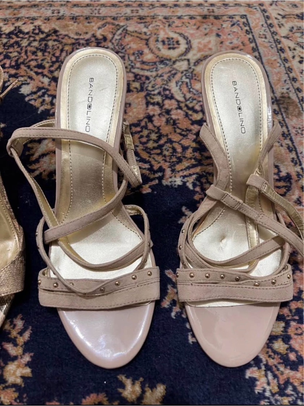 Bandolino Beige/Tan Strappy Studded Block Heel Sandals